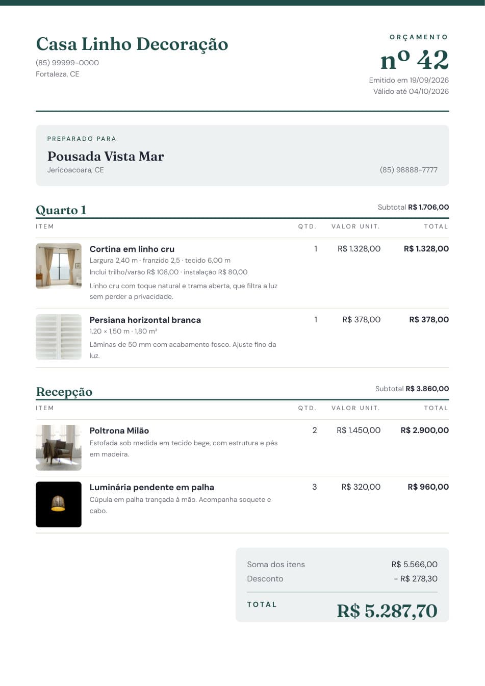 Página 1 do PDF de exemplo: cabeçalho da loja, dados do cliente, os itens do Quarto 1 e da Recepção com fotos, e o total com desconto.