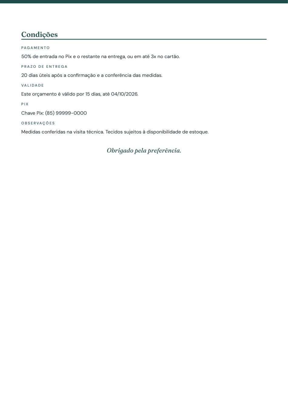Página 2 do PDF de exemplo: condições de pagamento, prazo de entrega, validade, chave Pix e observações.